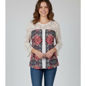XHILARATION Lace Sleeve Floral Print Tunic Top, Women’s M, White Multicolor